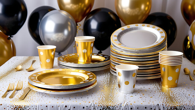 Gold and silver disposable party plates and cups on a table with balloons.