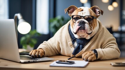 Adorable bulldog lounging in a trendy office space, engaged in a video call with clients, sporting stylish glasses and a cozy sweater, adding a humorous touch to the work environment.