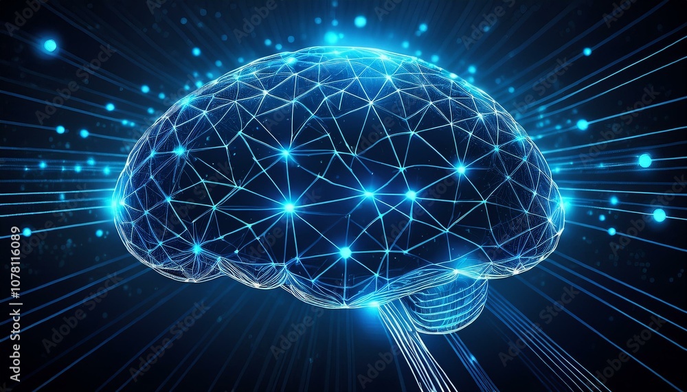 Poster digital brain shaped with blue neural connection lines and glowing dots