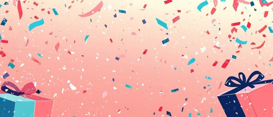 Obraz premium A colorful background with confetti and a box with a bow on it