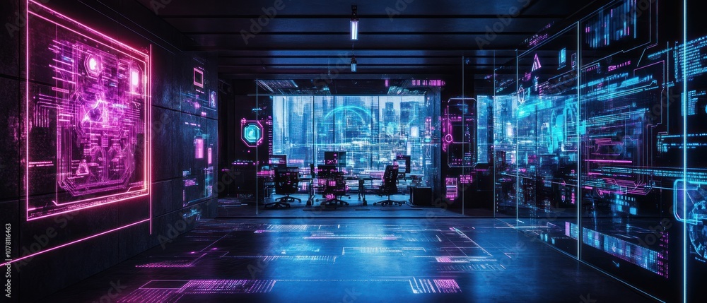 Poster a futuristic tech workspace with holographic displays and digital interfaces.