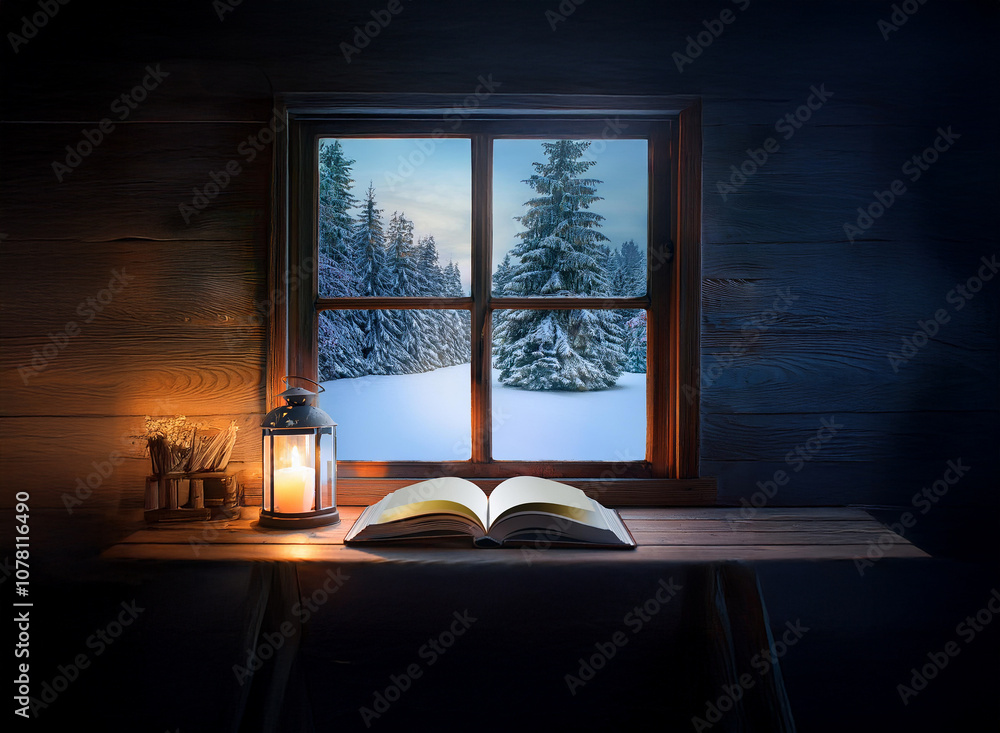 Poster a lantern illuminates a wooden table with an open book in front of a window looking out at a snowy f