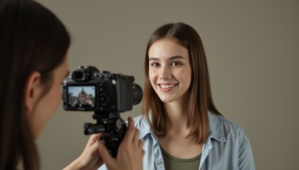 Young woman smiling at the camera during a photoshoot, capturing joyful moments.