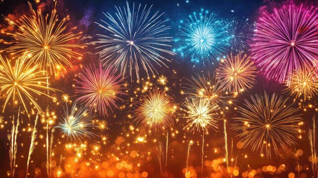 A vibrant display of fireworks explodes in the night sky, creating a colorful and celebratory spectacle.