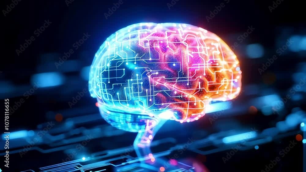 Poster colorful digital brain with circuit patterns glowing against a dark background, symbolizing artifici