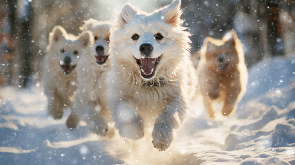 a group of cheerful dogs runs in dynamic poses through the winter fluffy snow on a frosty sunny day, fluffy pets, snowfall, Christmas snowflakes are falling
