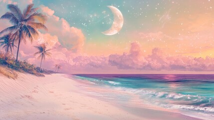 Fototapeta premium A serene beach scene at sunset with palm trees and a crescent moon in a colorful sky.