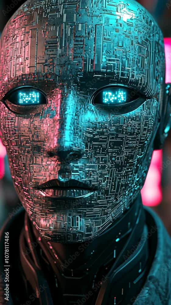 Aufkleber a close-up of a robotic face with glowing blue eyes and intricate circuitry patterns