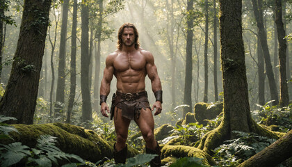 A muscular man stands in a dense forest, his physique and expression suggesting strength and confidence