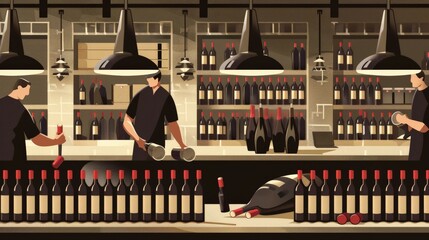 An illustrated process of bottling wine and sealing it with corks in a winery