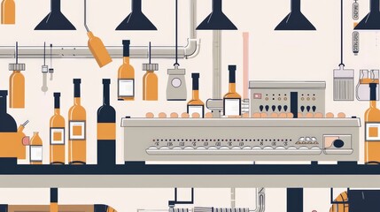 An illustrated process of bottling wine and sealing it with corks in a winery