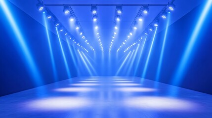 A spacious venue illuminated by blue stage lights, creating a dramatic atmosphere for performances or events.