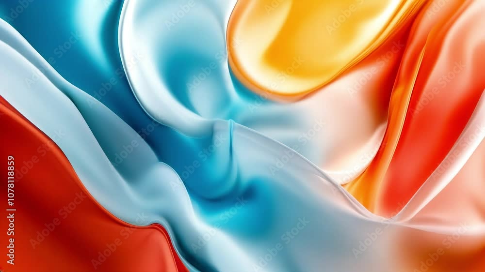 Poster vibrant flowing fabric material with bright colors in orange, blue, and cream creating a dynamic and