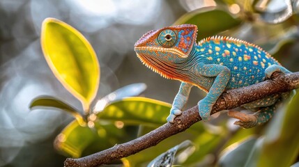 Fototapeta premium A vibrant chameleon perched on a branch, showcasing its intricate patterns and bright colors.