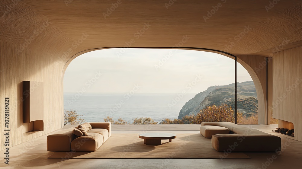 Poster minimalist living room with large arched window overlooking ocean and cliffs.