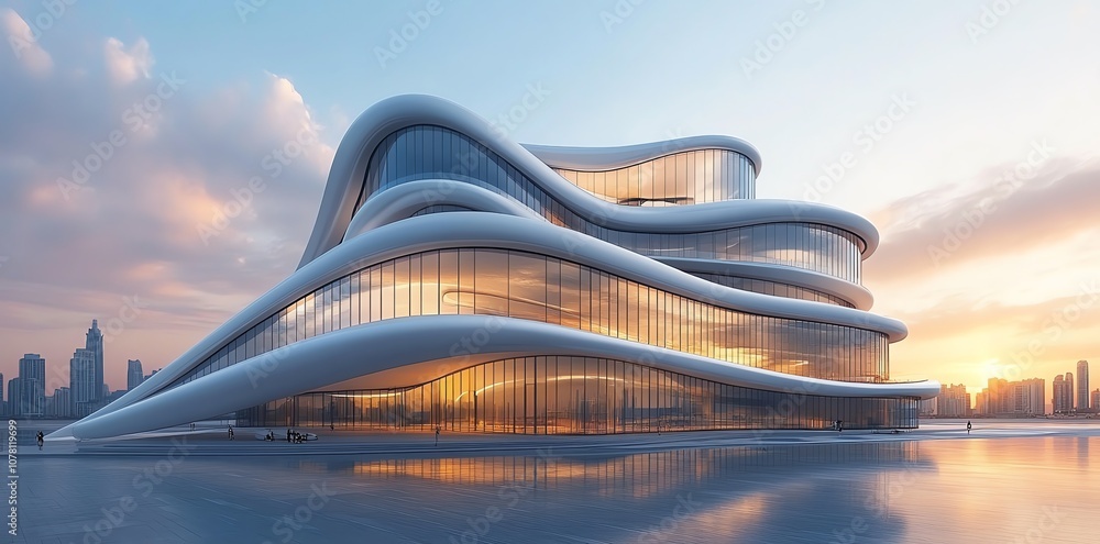 Poster modern architecture building with curved lines, glass facade, and reflective water in the foreground