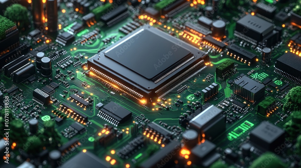 Poster close-up of a circuit board with glowing components and details.