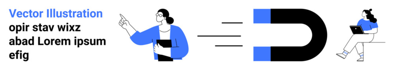 Person gesturing toward a magnet pulling in another person with a laptop. Ideal for digital marketing, client acquisition, engagement, business growth, online strategies, lead generation, audience