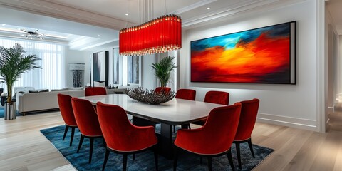 Modern dining room interior with red chairs, a white table, and a large abstract painting above.