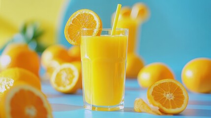Naklejka premium A glass of orange juice with a straw, garnished with an orange slice, surrounded by whole oranges and orange slices on a blue surface.