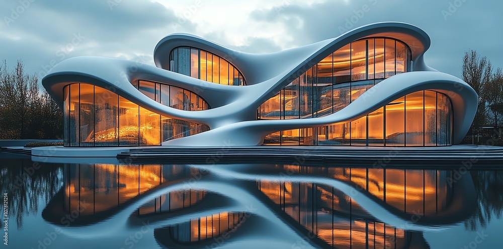 Poster modern futuristic architecture house with curved shape and large windows reflecting in the water.