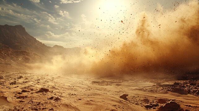 Dust devil spinning across a sunlit desert landscape, sand and debris swirling in sharp, realistic detail, lifelike with professional sharpness