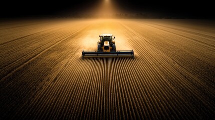 Tractor cultivating field, agricultural landscape of farming, land preparation, and rural work under a vast sky