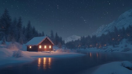 Fototapeta premium A Cabin Illuminated in a Snowy Mountain Landscape at Night