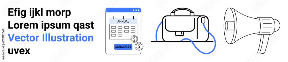 Poster text block with random text, calendar with dollar sign, camera on tripod, and megaphone. ideal for m