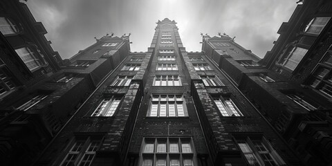 Low-Angle View of a Tall, Dark Brick Building