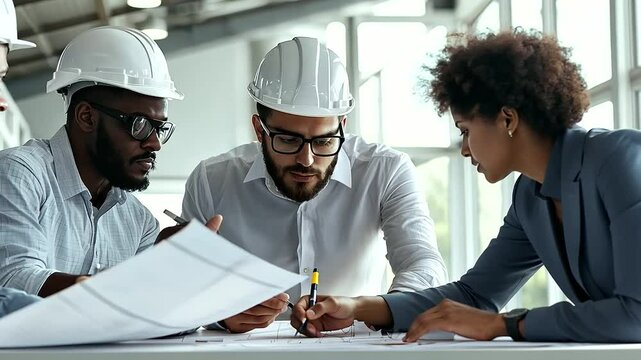 Engineers Collaborating on Project Blueprint in Tech Industry Teamwork