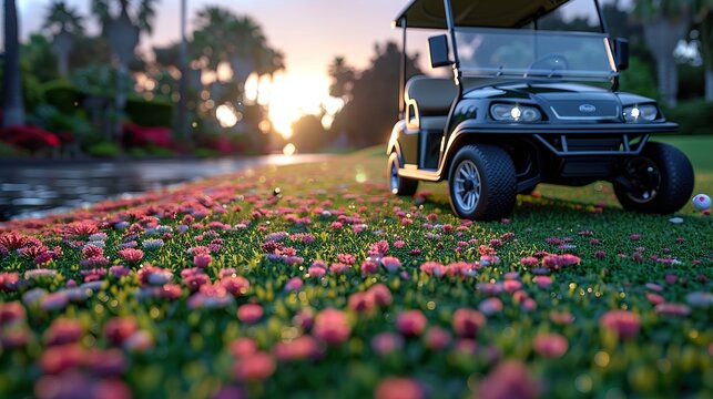 Golf Cart on a Lush Green Course at Sunset