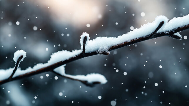 Close-up of a snow-covered branch with blurred falling snowflakes and a soft, dark background, creating a serene winter scene.