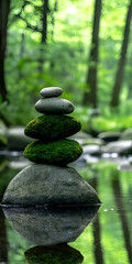 In the forest, several moss stones are piled up next to the stream, and several moss stones form a path in the stream. Forest, water, stones, moss, stream, wallpaper, background, poster, promotion,