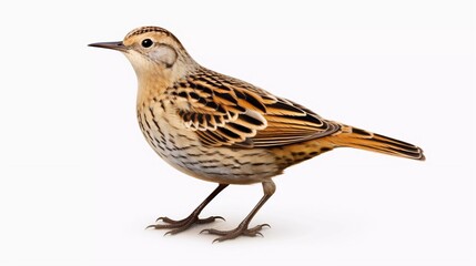 Fototapeta premium A side view of a small, brown and striped bird, showcasing its features and posture.