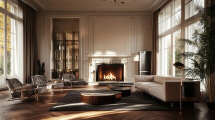 Elegant living room with hardwood floors and large fireplace
