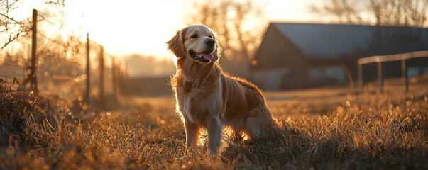 Golden retriever standing in sunlit field, enjoying warm evening glow. dog exudes happiness and tranquility amidst serene landscape