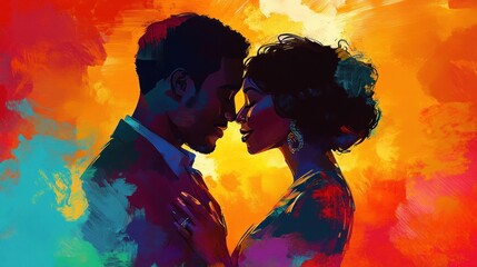 Obraz premium A digital painting of a loving black couple embracing in front of a colorful sunset.