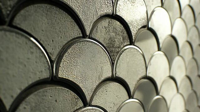 A close-up view of a silver tile wall with a fish scale pattern