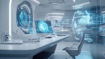 Futuristic control room with holographic interfaces and sleek de