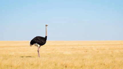 Naklejka premium Majestic Ostrich Walking Through the Vast Desert Landscape