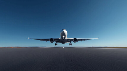Obraz premium Wide-angle perspective of a modern airplane on an open runway, framed by a crystal-clear sky, embodying freedom, speed, and the spirit of adventure