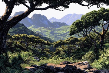 Obraz premium A serene mountain landscape with lush greenery and distant peaks under a clear sky.