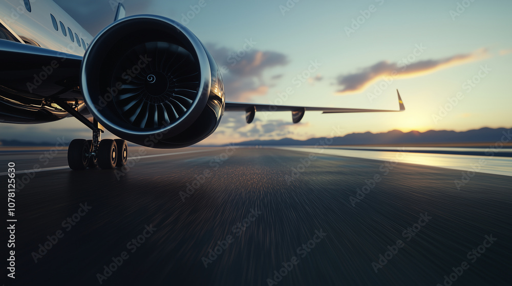 Poster close-up of an airplaneâs powerful engines, ready for takeoff on a bright runway, under a pristine