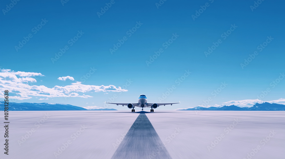 Poster runway scene with an airplane poised for takeoff under a clear sky, symbolizing swift travel and the