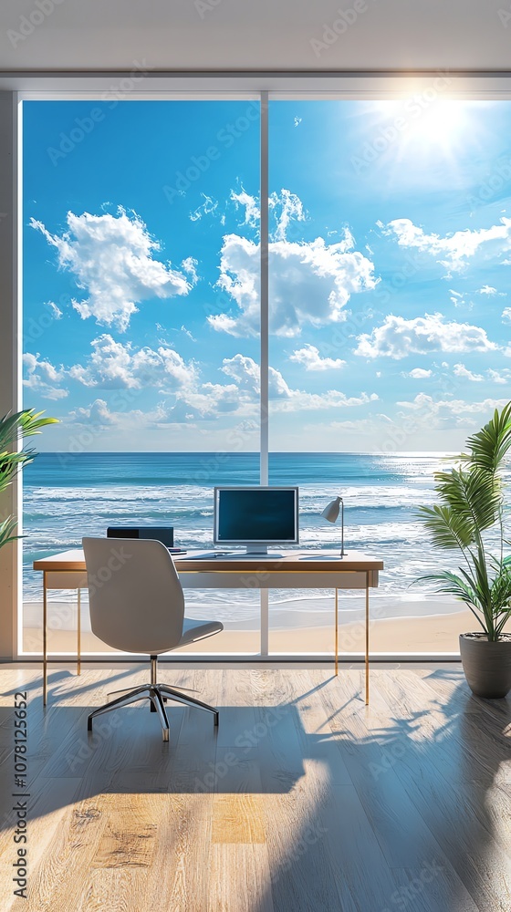 Poster modern office with large windows overlooking the ocean.