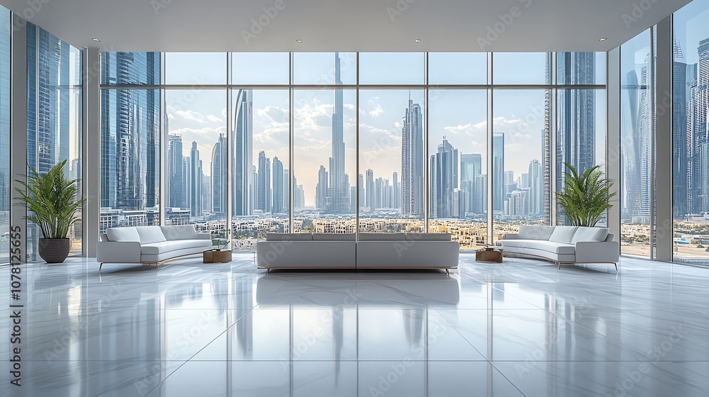 Aufkleber Modern office lounge with panoramic city view through large windows.