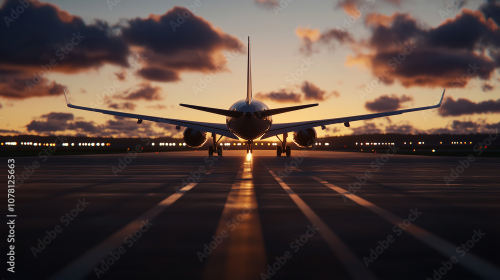 Poster runway scene with an airplane poised for takeoff under a clear sky, symbolizing swift travel and the