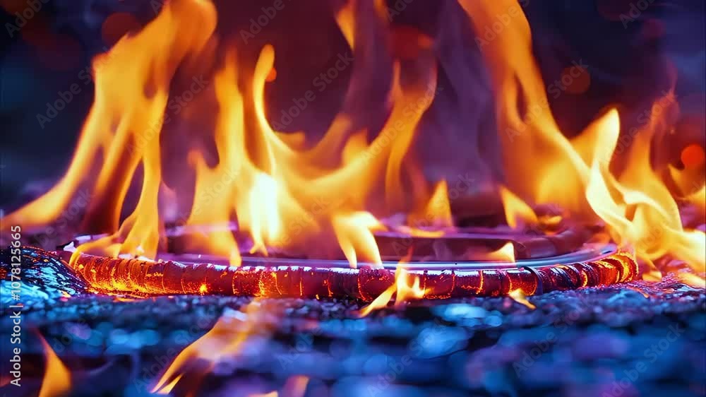 Poster a circular object surrounded by vibrant flames, creating an intense fire effect against a dark backg
