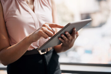Search, hands and business woman with tablet for connection, online schedule or planning in office. Networking, communication and businesswoman with research on digital app for project management